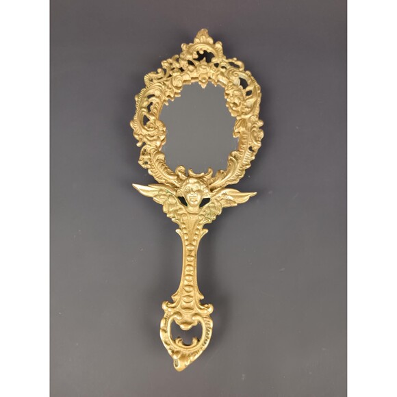 Victorian Cherub Hand Mirror With 4 Feet Highly Ornate Vintage Solid Brass - Picture 5 of 10